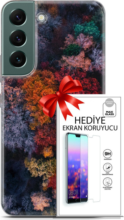 Samsung Galaxy S22 Kılıf Orijinal Seri Fantasy 16 Renkli Ağaçlar Hediyelik Kılıf Ve Ekran Koruyucu