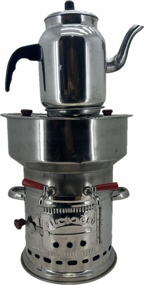 Paslanmaz 304 Çelik 7 litre Çift Hazneli Demlikli Semaver