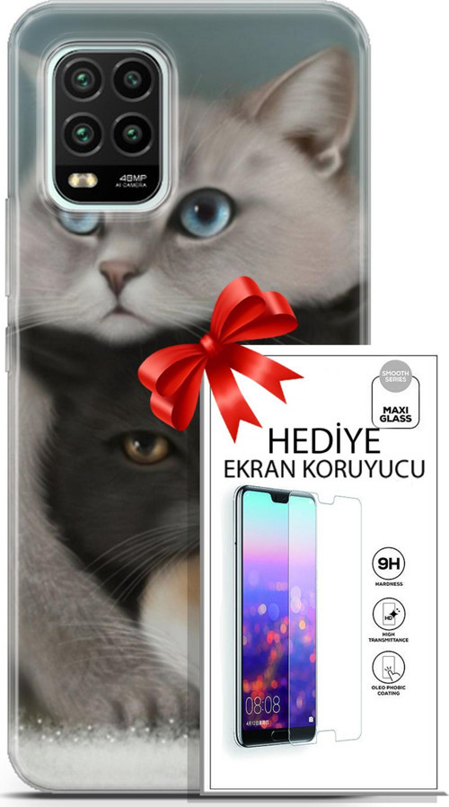 Xiaomi Mi 10 Lite 5G Kılıf Orijinal Seri Scotish-British 13 Beyaz Gri Kahve Kediler Case Kapak Ekran Koruyucu