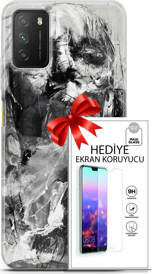 Xiaomi Poco M3 Kılıf Orijinal Seri Soul 30 Siyah Beyaz Kenarları Şeffaf Kapak Ve Ekran Koruyucu