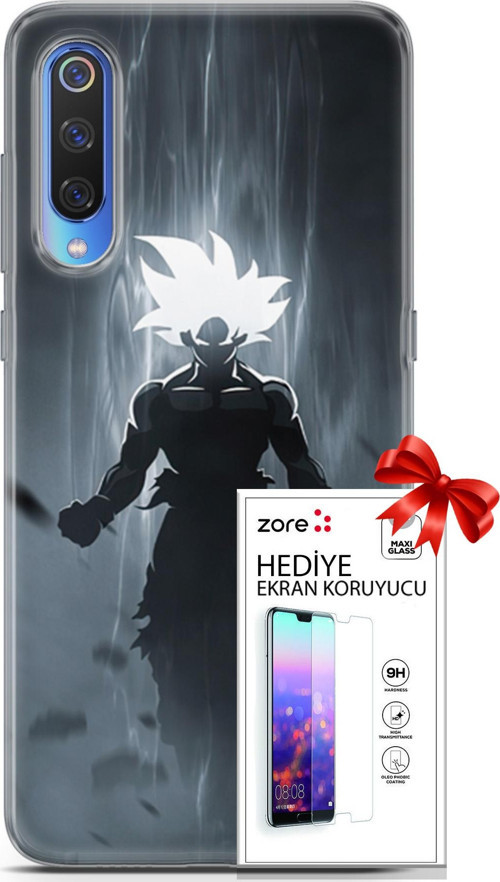 Xiaomi Mi 9 Kılıf Orijinal Seri Supers 27 Dark Goku Lazer Kesim Silikon Ekran Koruyucu