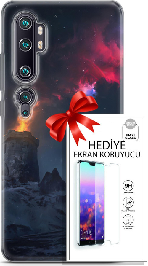 Xiaomi Mi Note 10 Pro Kılıf Orijinal Seri Fantasy 28 Kuzey Işıkları İz Bırakmayan Kılıf + Ön Ekran Koruyucu