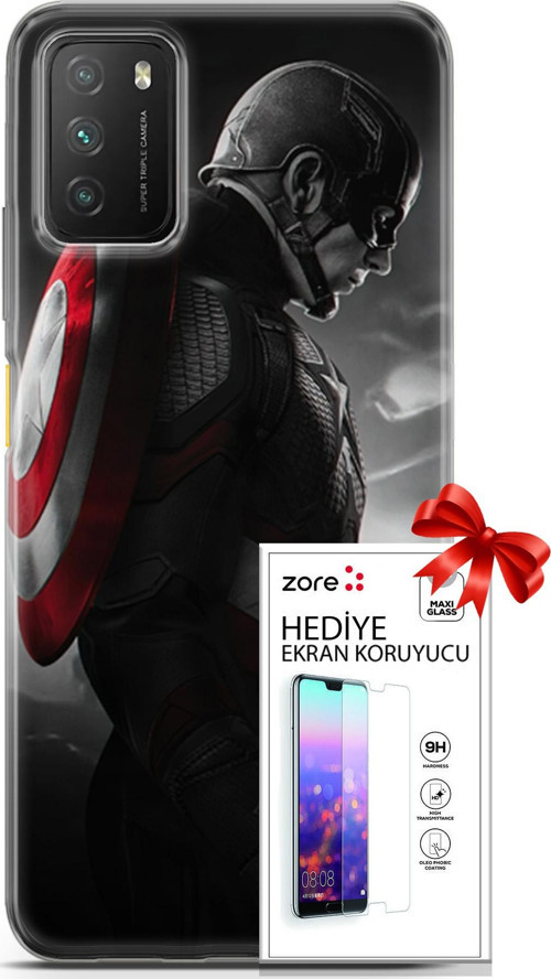 Xiaomi Poco M3 Kılıf Orijinal Seri Supers 18 Captain America Parlak Kılıf + Ekran Koruyucu Full Koruma