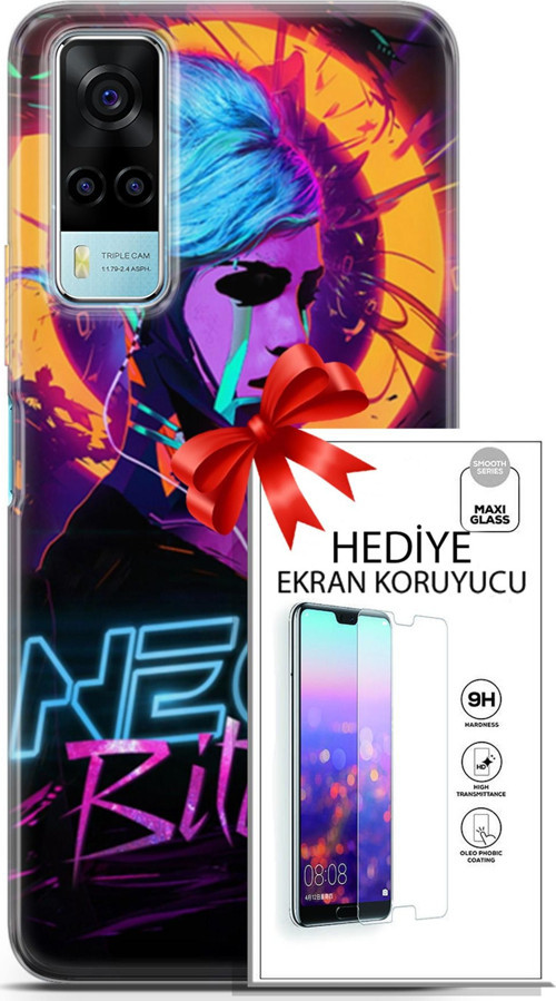 Vivo Y53S 4G Kılıf Orijinal Seri Cyberpunk 25 Neon Soyulmayan Kılıf + Ekran Koruyucu Full Korumak