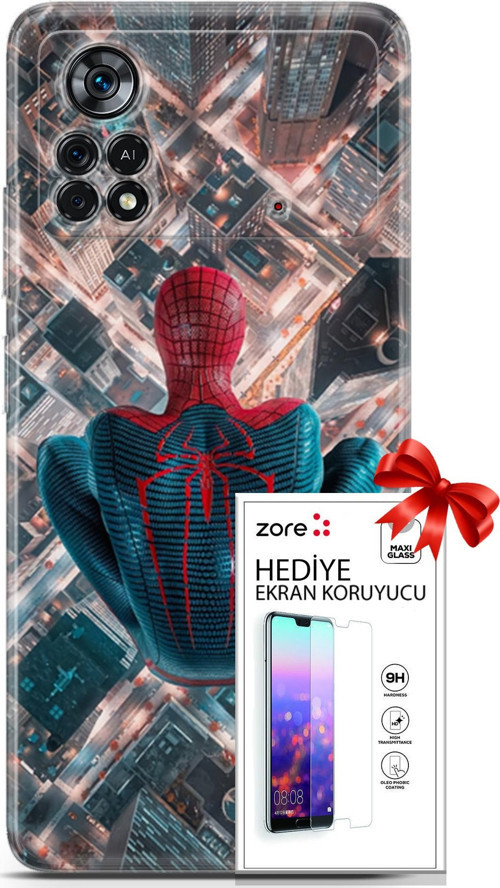 Xiaomi Poco X4 Pro 5G Kılıf Orijinal Seri Supers 07 Spider Man Newyork Desenli Kılıf + Ön Ekran Koruyucu