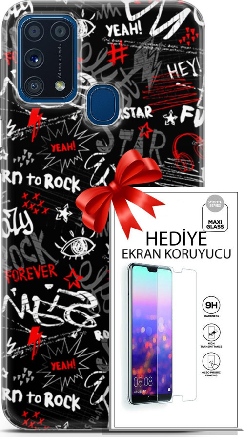 Samsung Galaxy M31 Kılıf Orijinal Seri Punky 25 Yeah Rock Soyulmayan Kılıf + Ekran Koruyucu Full Koruma