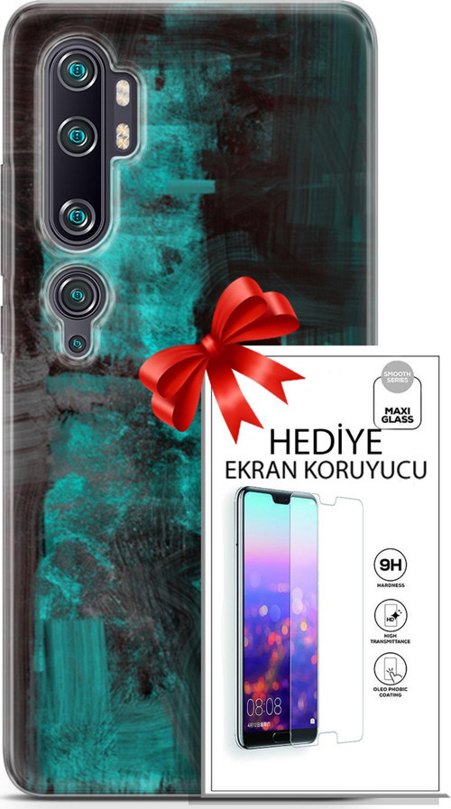 Xiaomi Mi Note 10 Pro Kılıf Orijinal Seri Nature 11 Yeşil Siyah 4K Baskılı Kılıf + Ekran Koruyucu Fu