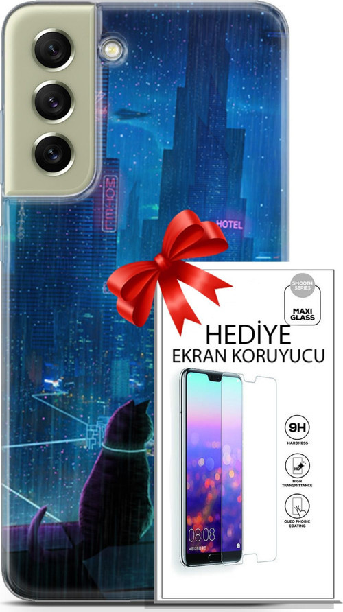 Samsung Galaxy S21 Fe Kılıf Orijinal Seri Cyberpunk 16 Cyber Cat Hediyelik Kılıf Ve Ekran Koruyucu