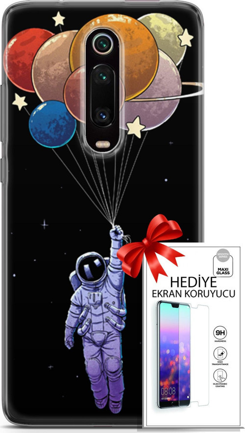 Xiaomi Mi 9T Kılıf Orijinal Seri Algorand 07 Uçan Balon Astronot Desenli Kılıf + Ön Ekran Koruyucu