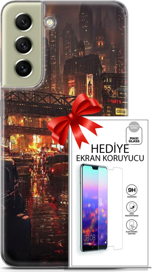 Samsung Galaxy S21 Fe Kılıf Orijinal Seri Cyberpunk 23 Gökdelenler Telefon Kabı Ve Ekran Koruyucu