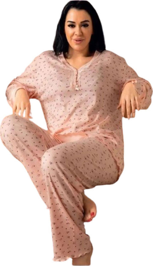 Kadın Bambu İnterlok Büyük Beden Uzun Kol V Yaka İnce Pijama Takımı 5002 - 1 Adet 4XL-Pudra