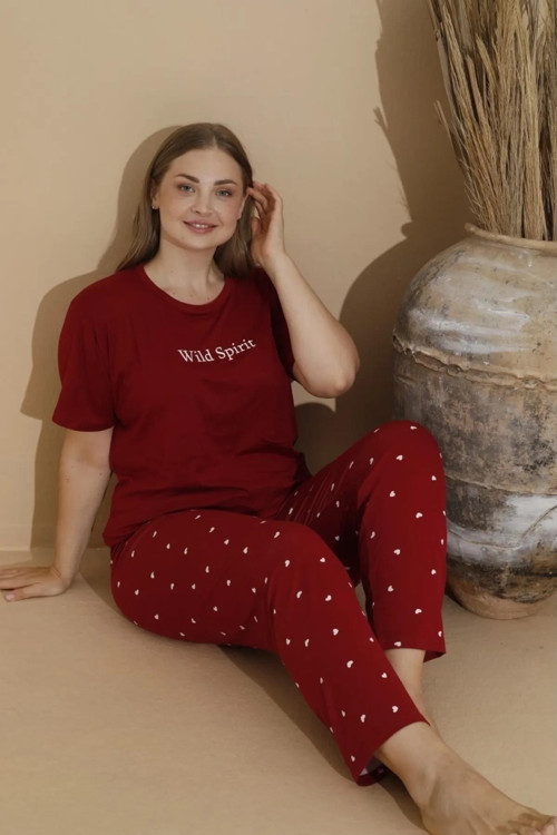Kadın Milan Büyük Beden Bisiklet Yaka Kısa Kol İnce Pijama Takımı 11053 - 1 Adet 4XL-Bordo