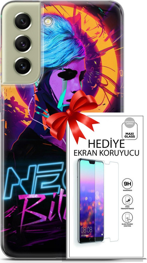 Samsung Galaxy S21 Fe Kılıf Orijinal Seri Cyberpunk 25 Neon Soyulmayan Kılıf + Ekran Koruyucu Full Koruma