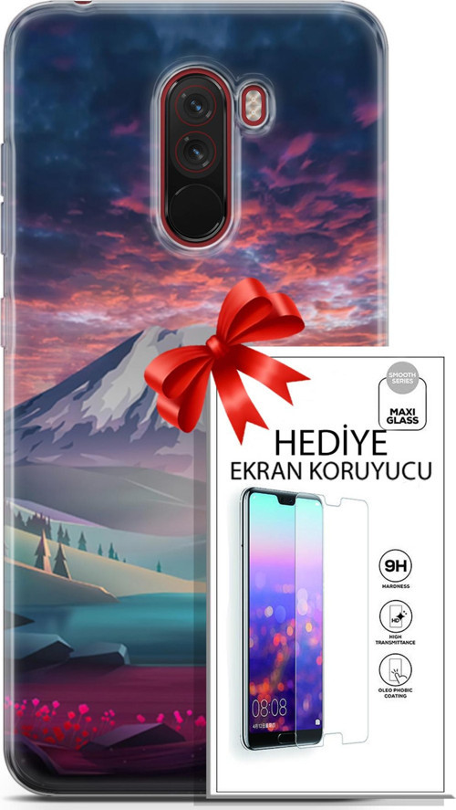 Xiaomi Pocophone F1 Kılıf Orijinal Seri Fantasy 14 Karlı Dağ Cover Kılıf + Ön Ekran Koruyucu