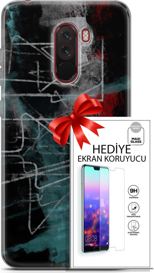 Xiaomi Pocophone F1 Kılıf Orijinal Seri Nature 07 Gri Çizgiler Desenli Kılıf + Ön Ekran Koruyucu