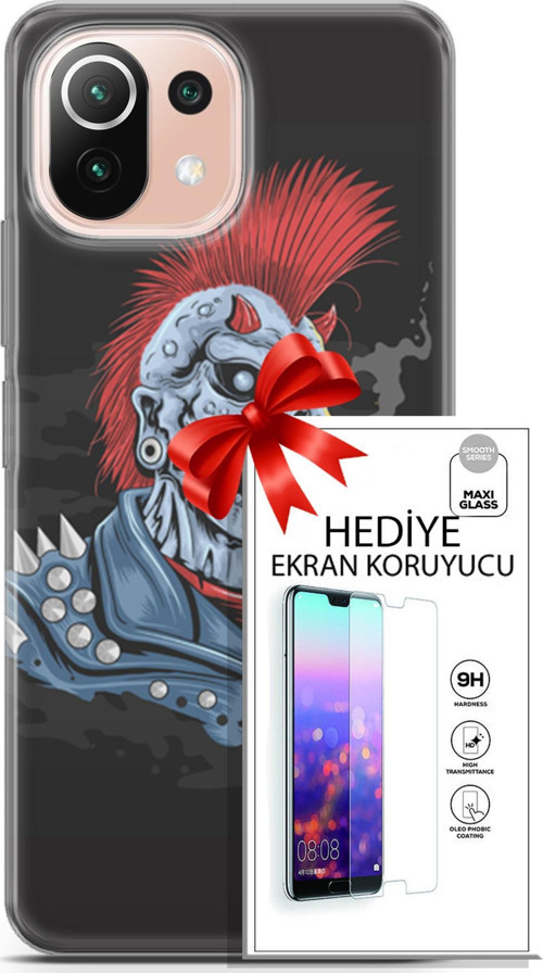 Xiaomi Mi 11 Lite Kılıf Orijinal Seri Punky 04 Punk Skeleton Silikon Kılıf + Ekran Koruyucu Full Koruma