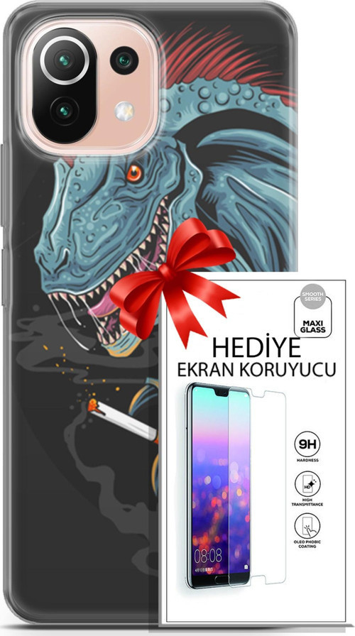 Xiaomi Mi 11 Lite Kılıf Orijinal Seri Punky 19 Dinozor Punk Tam Koruma Kılıf + Ekran Koruyucu