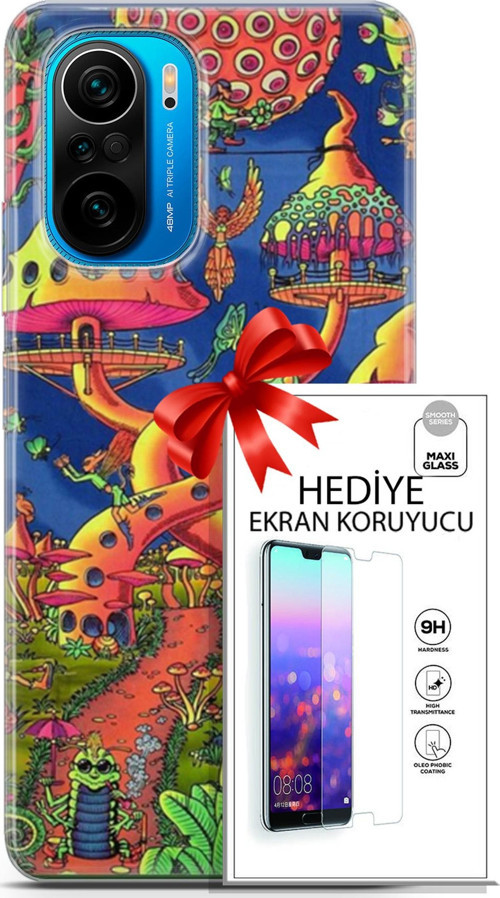 Xiaomi Poco F3 Kılıf Orijinal Seri Cardano 05 Mantar Evler Koruma Kılıfı + Ekran Koruyucu