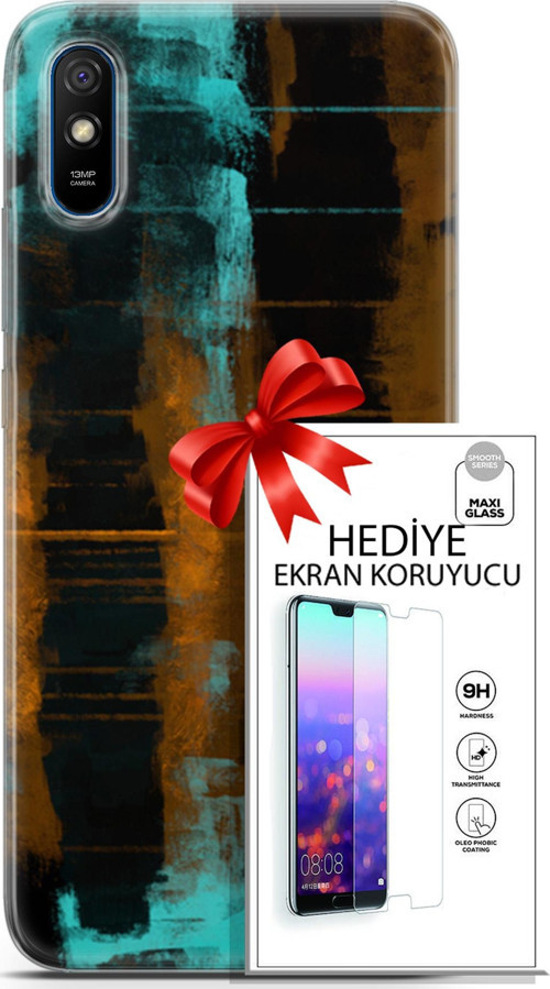 Xiaomi Redmi 9A Kılıf Orijinal Seri Nature 05 Turkuaz Siyah Koruma Kılıfı + Ekran Koruyucu