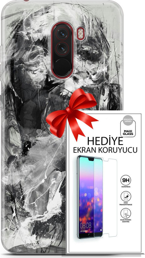Xiaomi Pocophone F1 Kılıf Orijinal Seri Soul 30 Siyah Beyaz Kenarları Şeffaf Kapak Ve Ekran Koruyucu