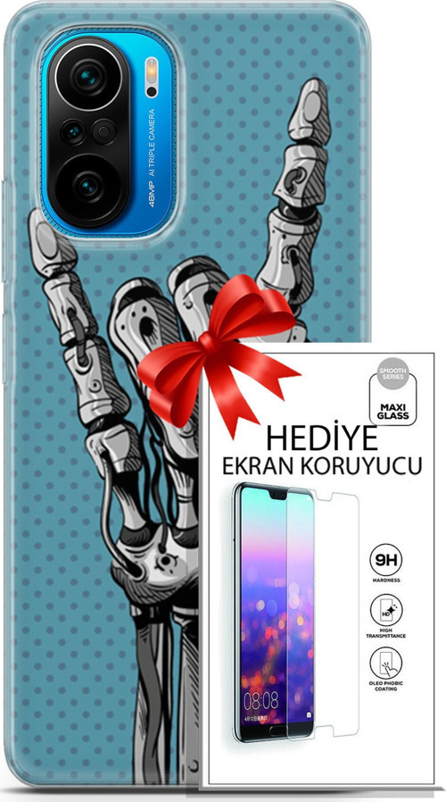 Xiaomi Poco F3 Kılıf Orijinal Seri Cyberpunk 07 Robot Eli Desenli Kılıf + Ön Ekran Koruyucu