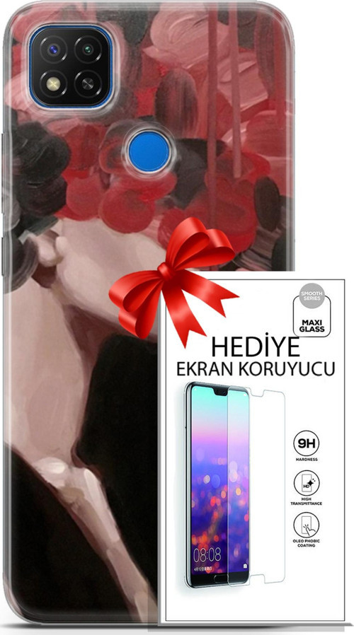 Xiaomi Redmi 9C Kılıf Orijinal Seri Soul 19 Kırmızı Pembe Siyah Tam Koruma Kılıf + Ekran Koruyucu