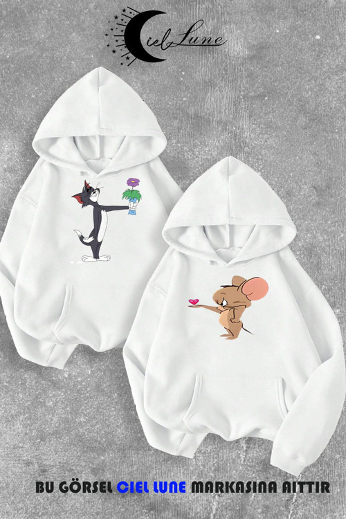 Nevermınd Unisex Çiçekli Tom Ve Jerry Baskılı Sevgili Çift Kombini Tasarım Oversize Hoodie 2Li 3 Iplik