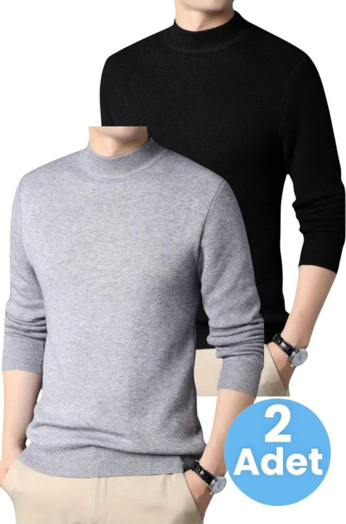 2'Li Erkek Tüylenmeyen Yarım Boğazlı Triko Kazak Yarım Balıkçı Triko Kazak Gri - Siyah 2XL
