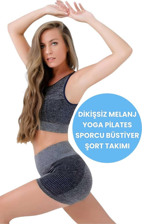 Kadın Dikişsiz Melanjlı Fitness Yoga Pilates Sporcu Büstiyer Şort Takımı Lacivert XS-S