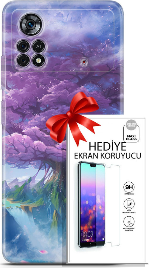 Xiaomi Poco X4 Pro 5G Kılıf Orijinal Seri Fantasy 27 Bahar Ağaç Lazer Kesim Silikon Ekran Koruyucu