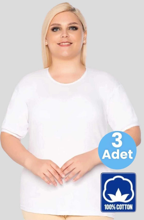 Kadın % 100 Pamuklu Büyük Beden Dantelli Kısa Kollu Atlet Fanila 3 Adet Beyaz 3XL