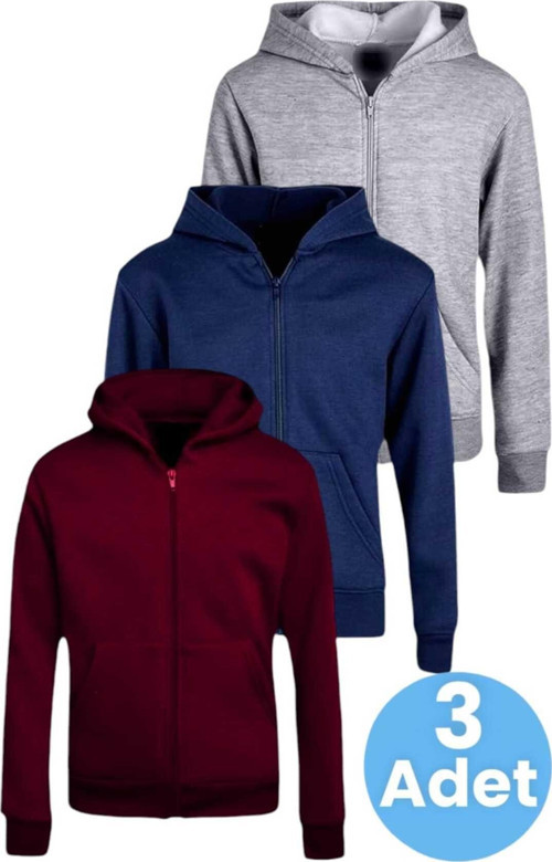 Çocuk Unisex Pamuklu Kapüşonlu Fermuarlı Sweatshirt 3'Lü Set Bordo - Lacivert - Gri 8 Yaş