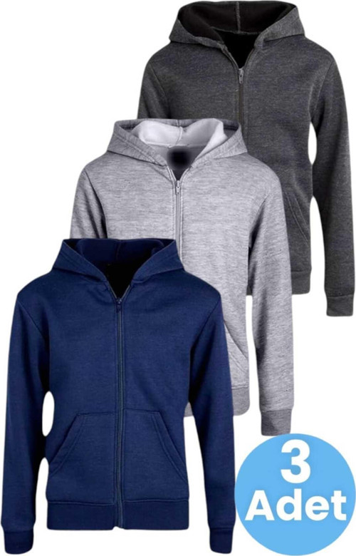 Çocuk Unisex Pamuklu Kapüşonlu Fermuarlı Sweatshirt 3'Lü Set Lacivert - Gri - Füme 9 Yaş