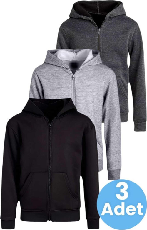 Çocuk Unisex Pamuklu Kapüşonlu Fermuarlı Sweatshirt 3'Lü Set Siyah - Gri - Füme 9 Yaş