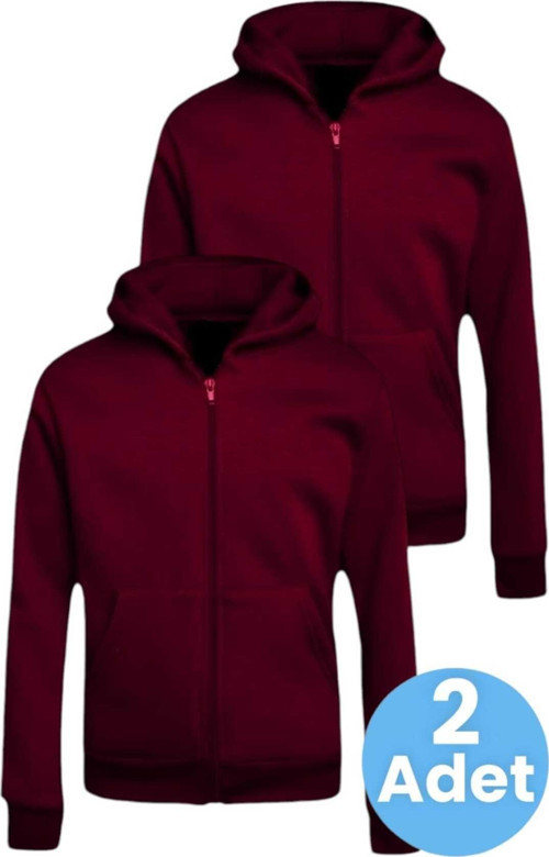 Çocuk Unisex Pamuklu Kapüşonlu Fermuarlı Sweatshirt 2'Li Set Bordo - Bordo 5 Yaş
