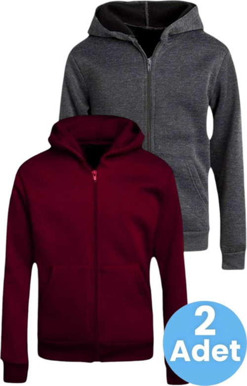 Çocuk Unisex Pamuklu Kapüşonlu Fermuarlı Sweatshirt 2'Li Set Bordo - Füme 10 Yaş