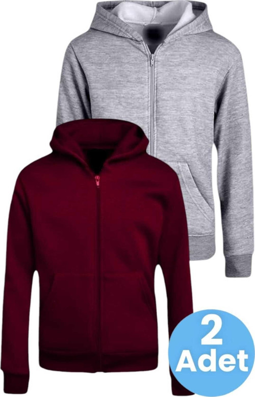 Çocuk Unisex Pamuklu Kapüşonlu Fermuarlı Sweatshirt 2'Li Set Bordo - Gri 10 Yaş