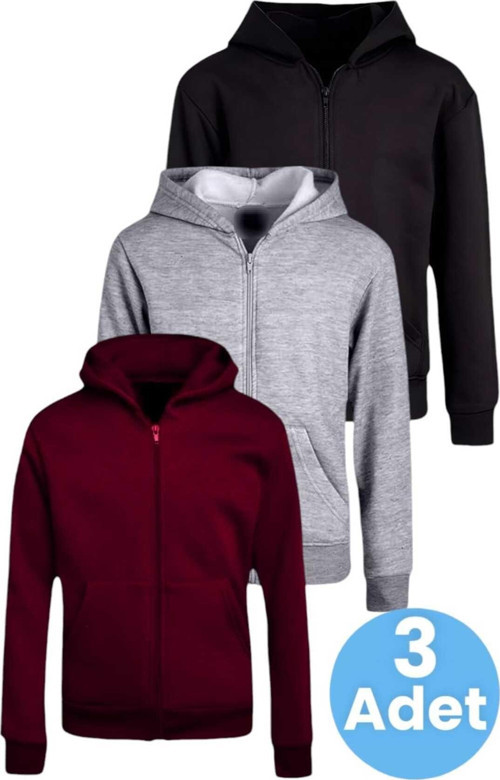 Çocuk Unisex Pamuklu Kapüşonlu Fermuarlı Sweatshirt 3'Lü Set Bordo - Gri - Siyah 10 Yaş