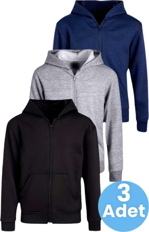 Çocuk Unisex Pamuklu Kapüşonlu Fermuarlı Sweatshirt 3'Lü Set Siyah - Gri - Lacivert 13 Yaş