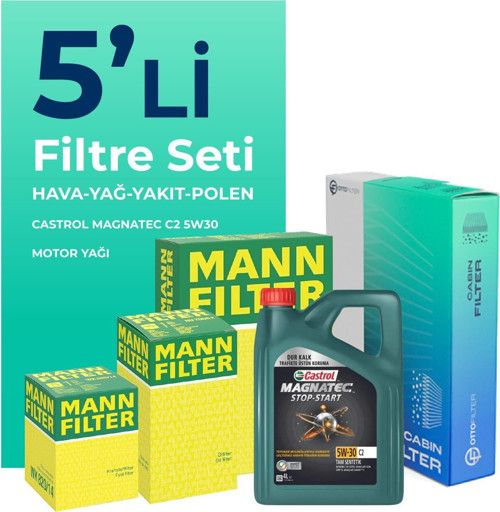 MANN Citroen C4 Picasso 1.6 BlueHdi Dizel Filtre Bakım Seti Castrol Motor Yağlı (2014-2018) 5 Li