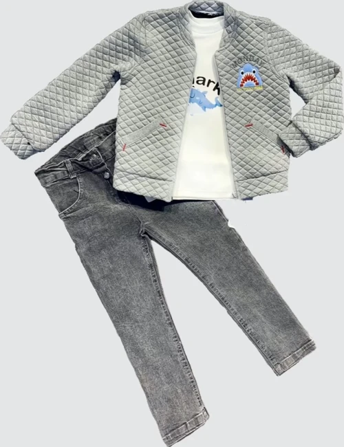 4-5-6 Yaş Kot Pantolonlu Pilot Mont Uzun Kollu Penye Sweat 3lü Erkek Çocuk Takımı