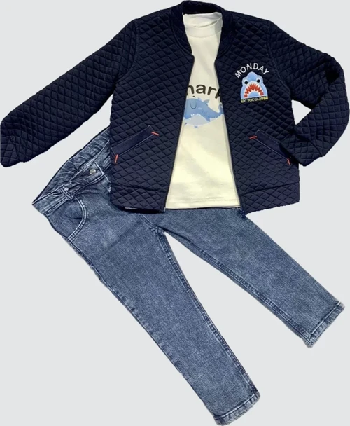 4-5-6 Yaş Kot Pantolonlu Pilot Mont Uzun Kollu Penye Sweat 3lü Erkek Çocuk Takımı
