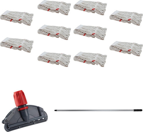 Dar Yedek Islak Mop Takımı - 10 Adet Beyaz 350 Gr. 17 Cm. Islak Mop + Metal Sap + Mop Tutucu