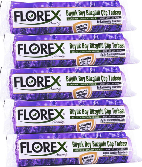 60 Litre Büzgülü Lavanta Kokulu Çöp Torbası Poşeti / 65 x 70 Cm. - 10x5 Rulo / Paket