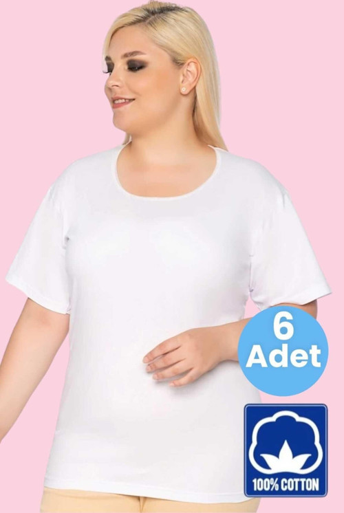 Kadın % 100 Pamuklu Büyük Beden Dantelli Kısa Kollu Atlet Fanila 6 Adet Beyaz 3XL