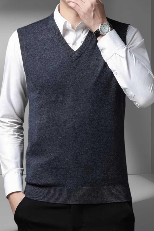 Erkek V Yaka Triko Tüylenmez Süveter Erkek Slim Fit Süveter Koyu Füme M