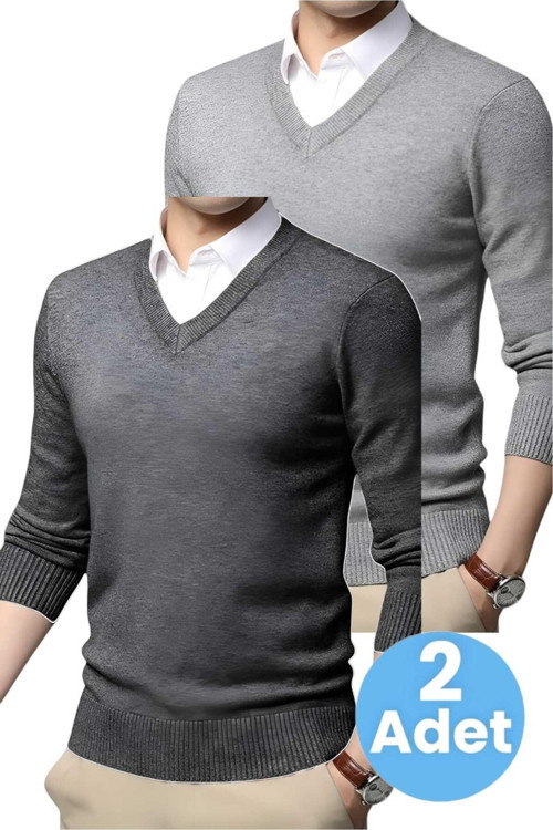 2'Li Erkek V Yaka Uzun Kol Triko Tüylenmez Süveter Erkek Slim Fit Süveter Gri - Füme L