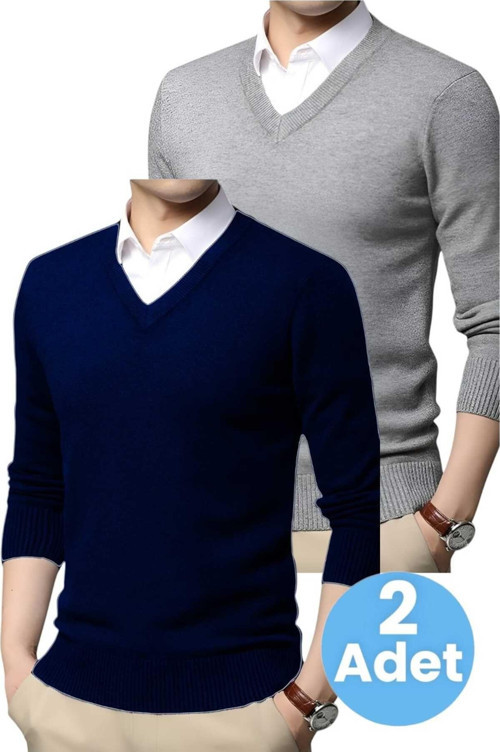 2'Li Erkek V Yaka Uzun Kol Triko Tüylenmez Süveter Erkek Slim Fit Süveter Lacivert - Gri 2XL