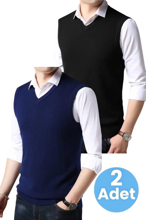 2'Li Erkek V Yaka Triko Tüylenmez Süveter Erkek Slim Fit Süveter Siyah - Lacivert L