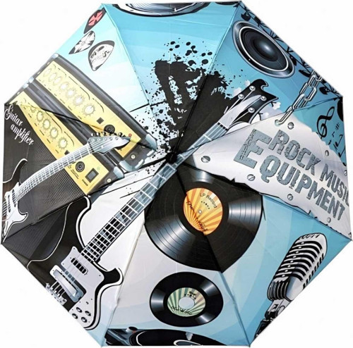 Rock Gitar Desenli Canlı Lüx Renkli Baskılı Rüzgara Dayanıklı 8 Telli Katlanabilir Manuel Şemsiye Mavi - Siyah
